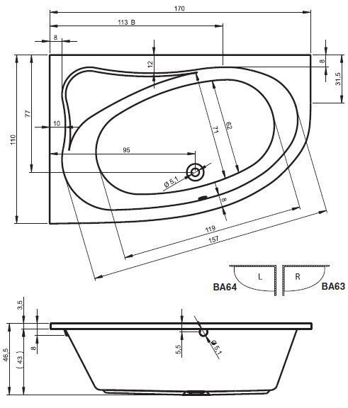 Ванна акриловая Riho LYRA 170х110 R, BA6300500000000