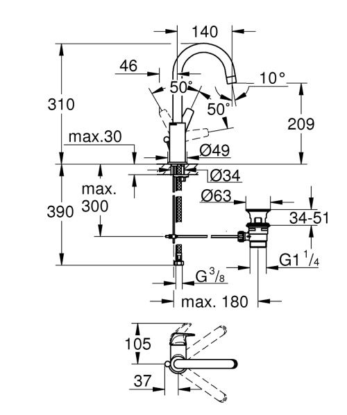Смеситель для раковины Grohe BauFlow, хром, 23753000