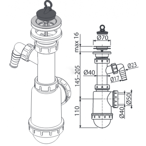 Сифон для мойки с нержавеющей решеткой A441P-DN50/40 A441P -DN50/40