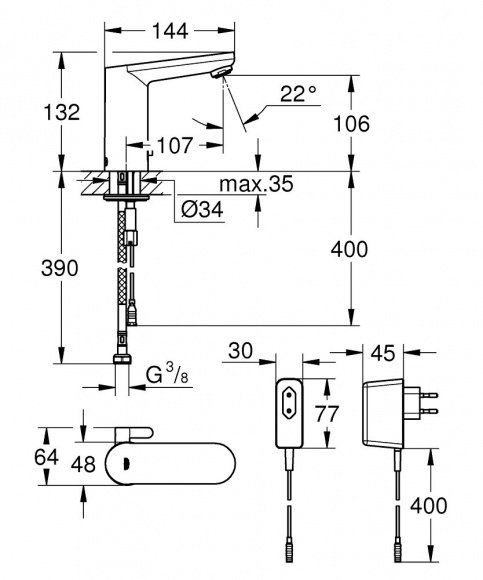 Смеситель для раковины Grohe Eurosmart Cosmopolitan E,  бесконтактный, хром, 36325001