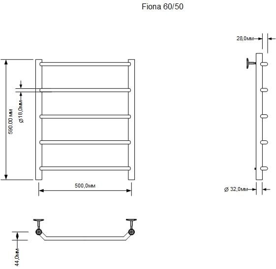Полотенцесушитель водяной Aquanet Fiona 600x500, хром, 00266736