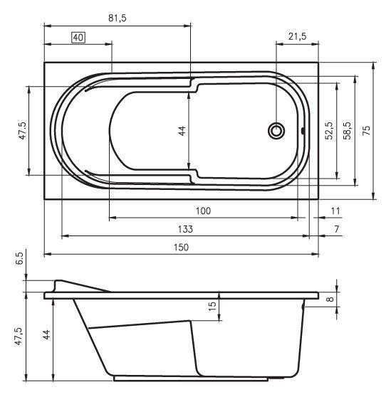 Ванна акриловая Riho COLUMBIA 150х75, BA0200500000000
