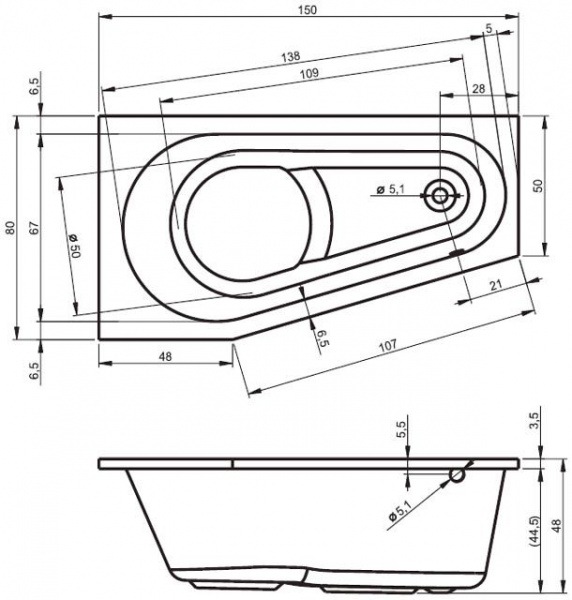 Ванна акриловая Riho DELTA 150х80 R, BB8000500000000