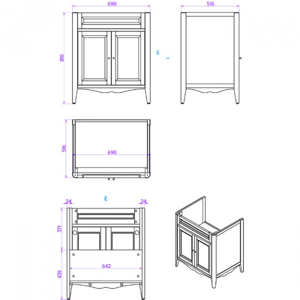 Тумба с раковиной TW Collection Veronica 73 см, bianco, VER2073-B+AR834bi*1 комплект