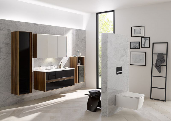 Тумба с раковиной Vitra Metropole 100, сливовое дерево, фасад черное акриловое стекло, 58183