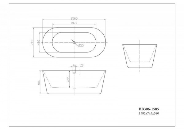 Ванна акриловая BelBagno 158.5*74.5 см, белая, BB306-1585