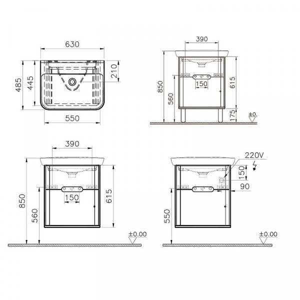 Тумба с раковиной Vitra Sento 65, с LED подсветкой, антрацит матовый, 60834