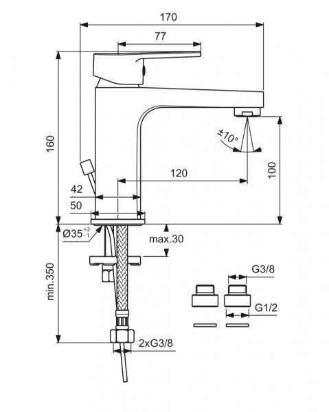 Смеситель Vidima Хайп / Hype для умывальника, литой излив, 170мм, хром, BA396AA