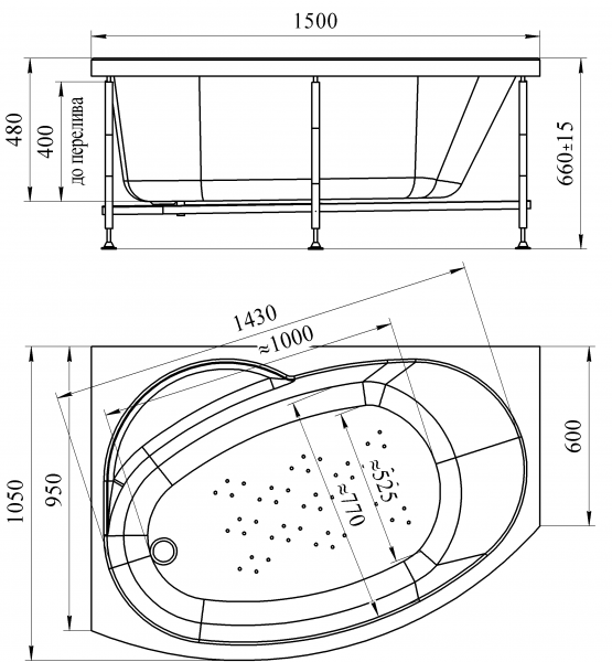 Акриловая ванна Radomir Монти 150х105 (правосторонняя), каркас, 2-01-0-2-1-213