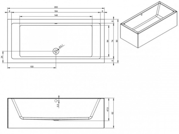 Ванна акриловая Riho LUGO RIGHT - PLUG & PLAY 200x90,  BD7100500000000