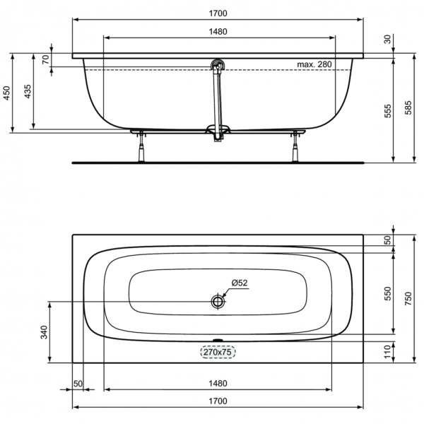 Акриловая ванна Ideal Standard i.life Duo 170х75 см, T476301