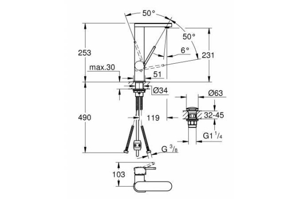 Смеситель для раковины Grohe Plus, выдвижной излив, хром, 23844003